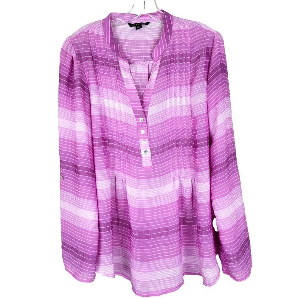Zac & Rachel Pink Stripes Pleated Button Up Roll Tab Long Sleeves Tunic Top XL